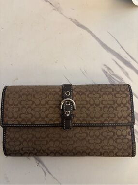 Coach Brown Signature Canvas Continental Wallet with Dark Brown Trim